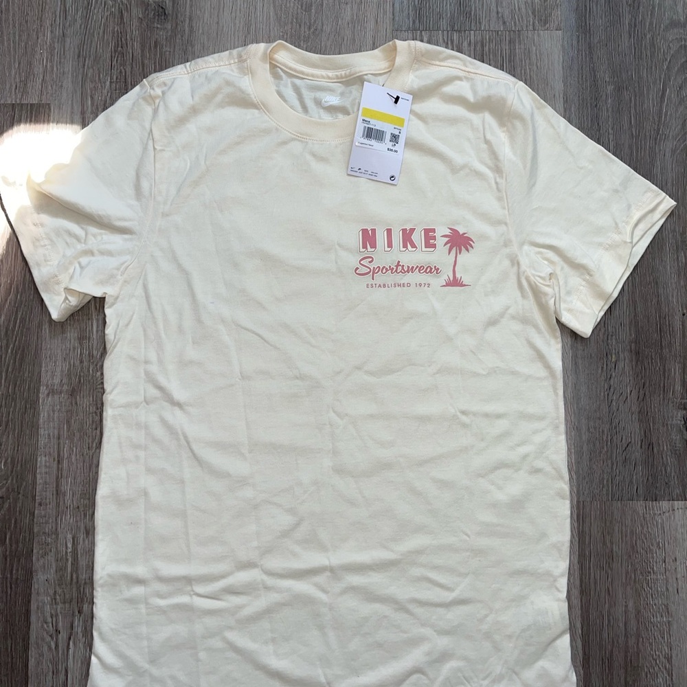 Nike Sportswear Cream Tee with Pink Logo